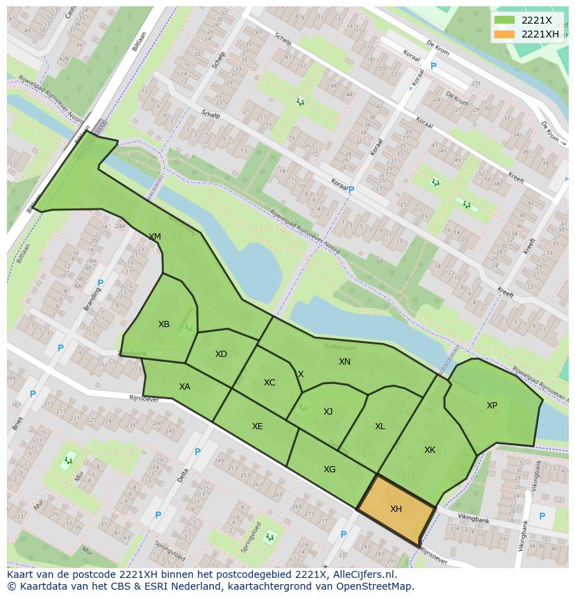 Afbeelding van het postcodegebied 2221 XH op de kaart.