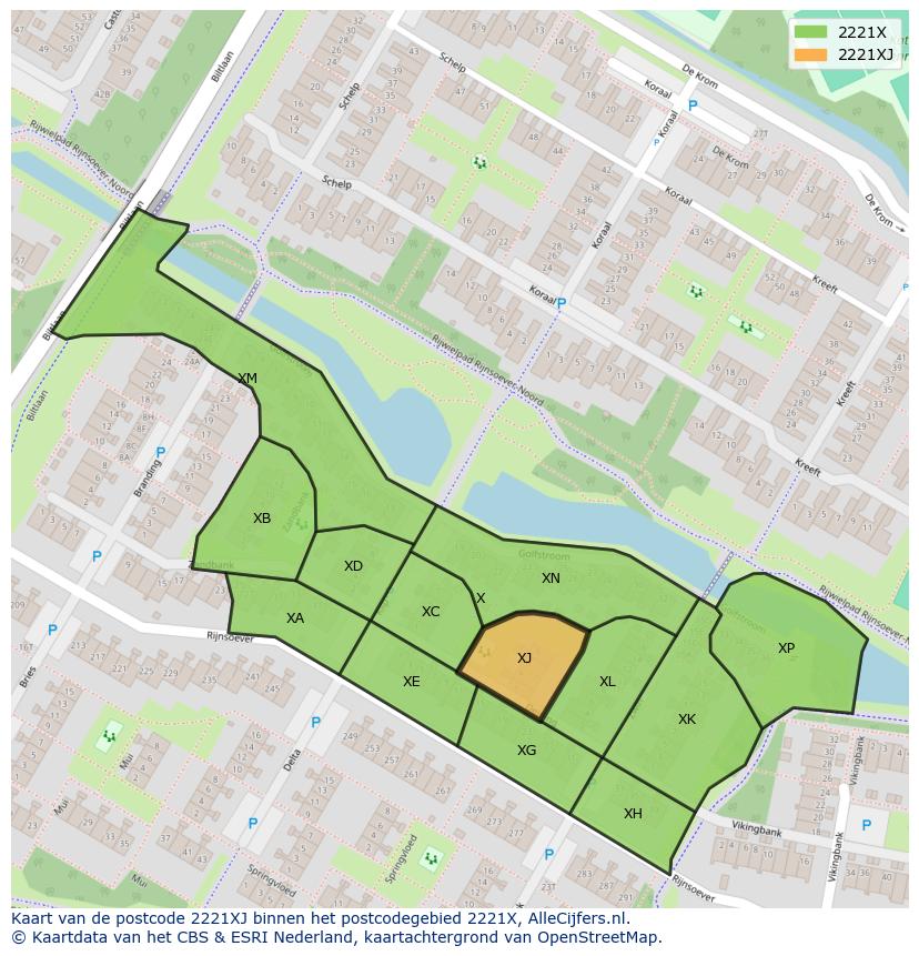 Afbeelding van het postcodegebied 2221 XJ op de kaart.