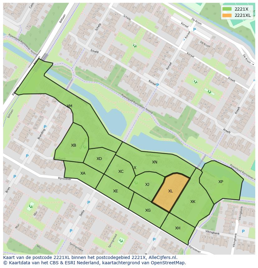 Afbeelding van het postcodegebied 2221 XL op de kaart.