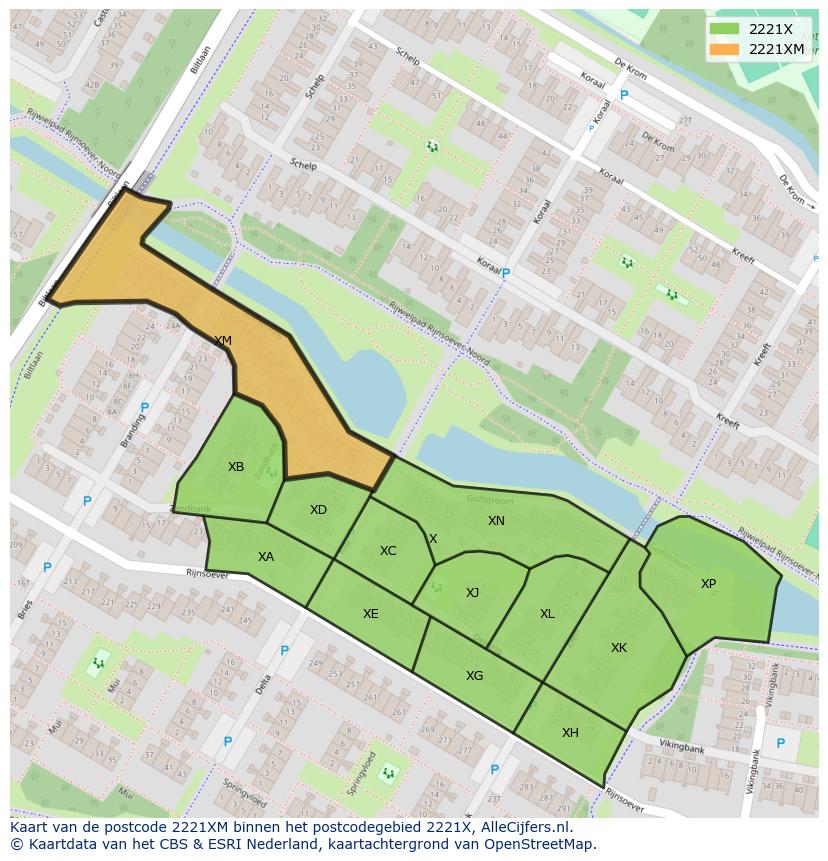 Afbeelding van het postcodegebied 2221 XM op de kaart.