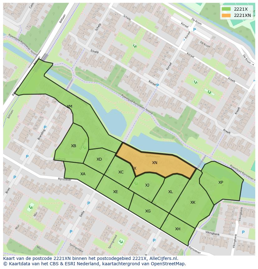 Afbeelding van het postcodegebied 2221 XN op de kaart.