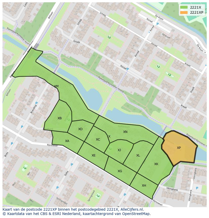 Afbeelding van het postcodegebied 2221 XP op de kaart.