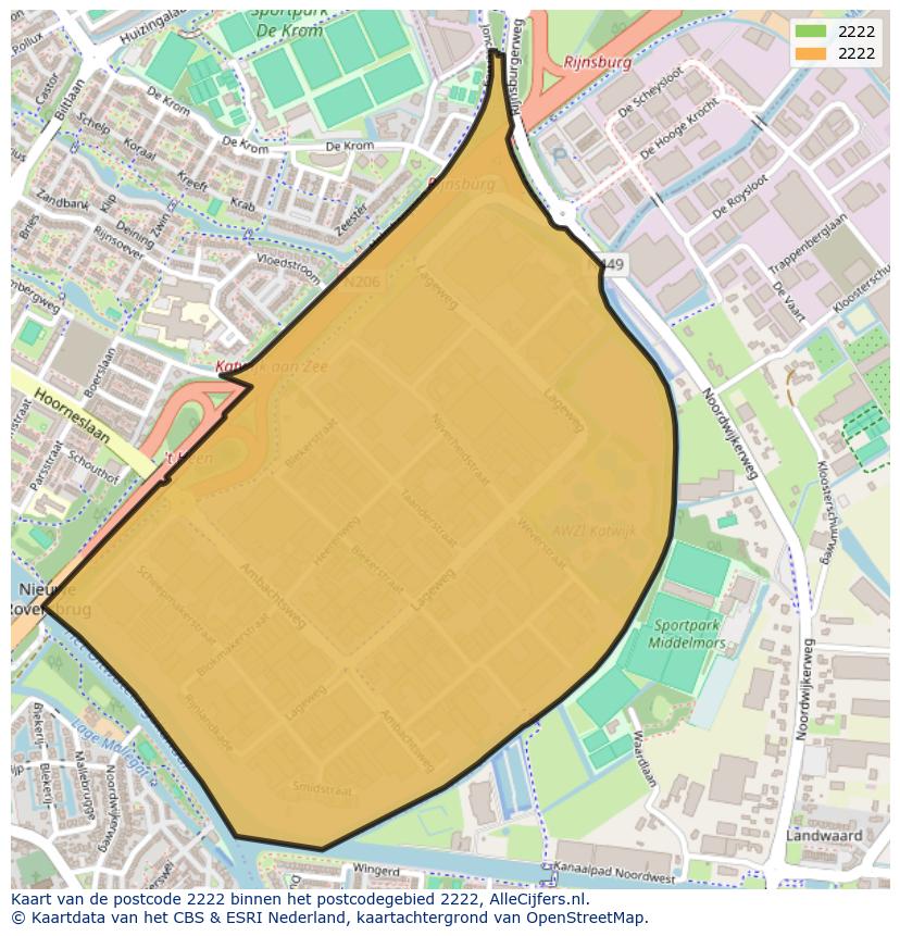 Afbeelding van het postcodegebied 2222 op de kaart.