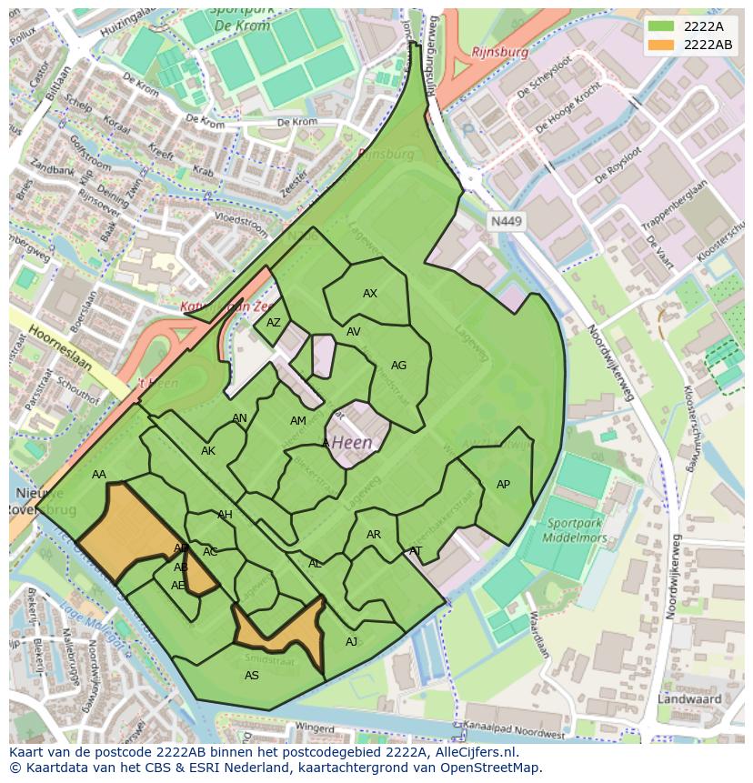 Afbeelding van het postcodegebied 2222 AB op de kaart.