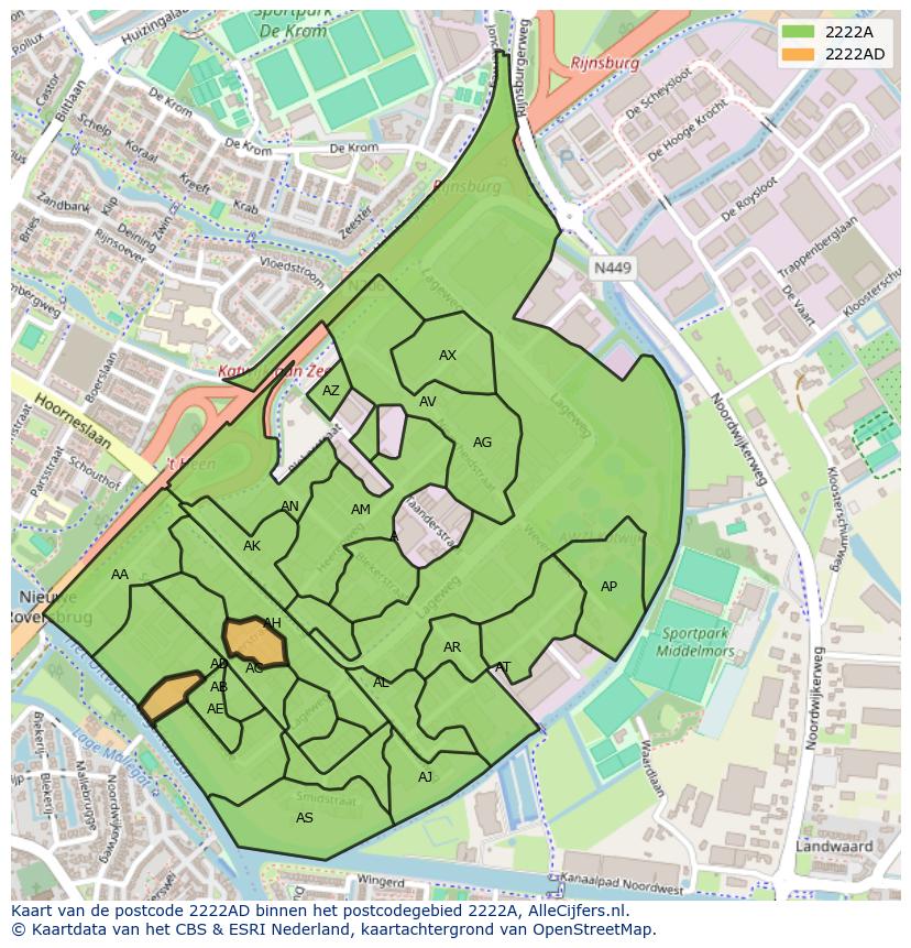 Afbeelding van het postcodegebied 2222 AD op de kaart.