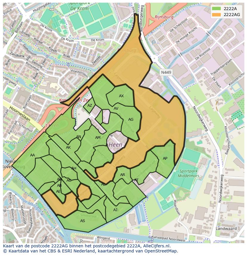 Afbeelding van het postcodegebied 2222 AG op de kaart.