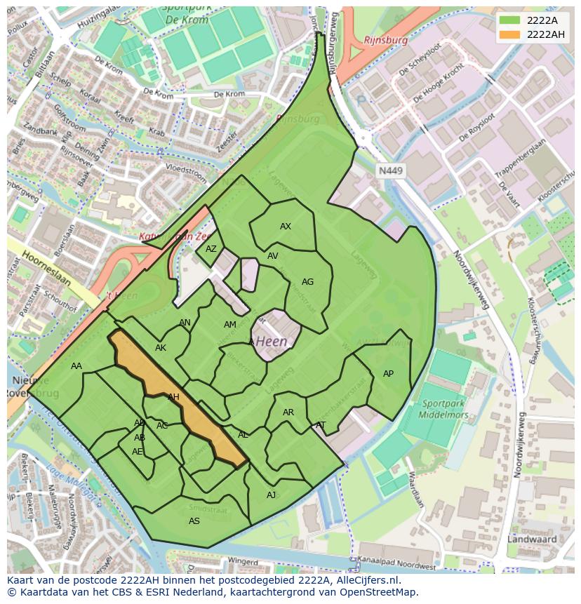 Afbeelding van het postcodegebied 2222 AH op de kaart.