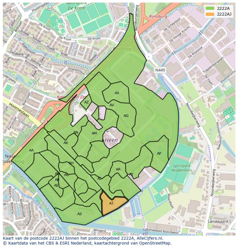Afbeelding van het postcodegebied 2222 AJ op de kaart.