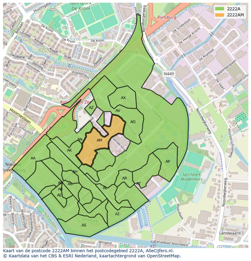 Afbeelding van het postcodegebied 2222 AM op de kaart.