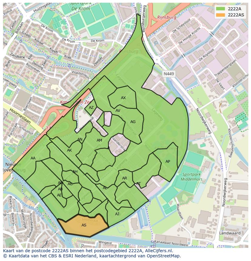 Afbeelding van het postcodegebied 2222 AS op de kaart.