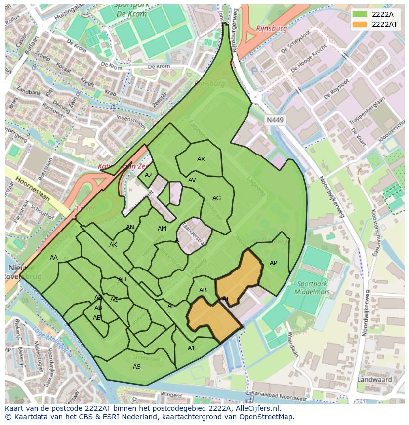 Afbeelding van het postcodegebied 2222 AT op de kaart.