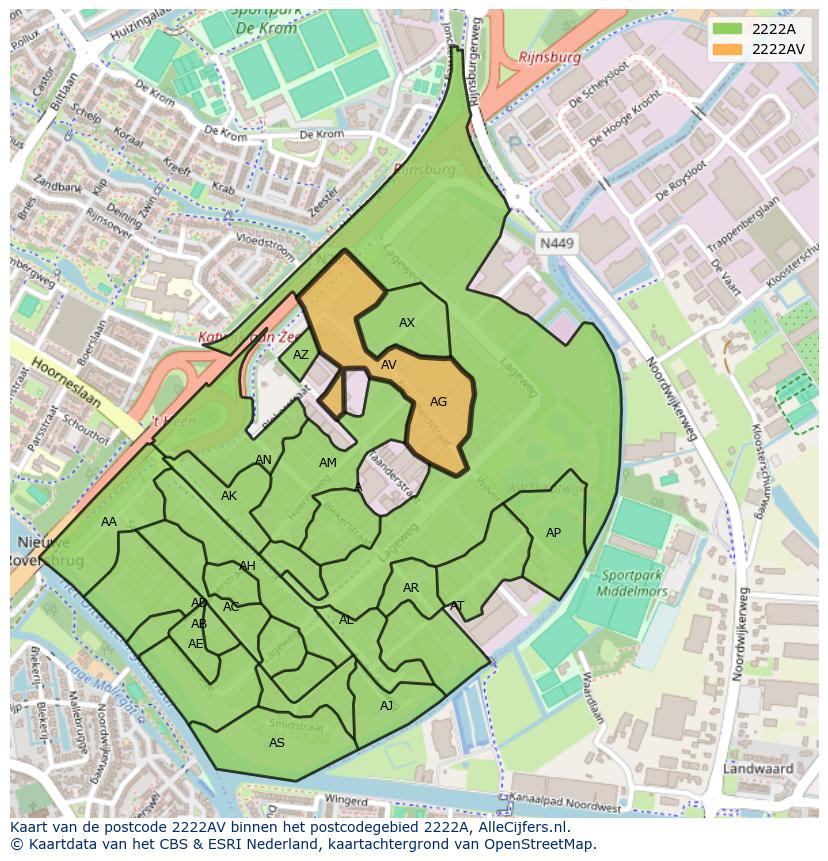 Afbeelding van het postcodegebied 2222 AV op de kaart.