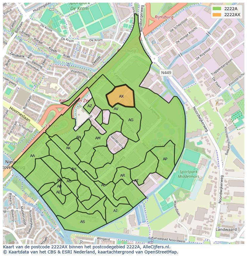 Afbeelding van het postcodegebied 2222 AX op de kaart.