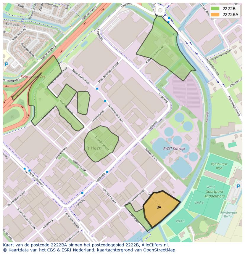 Afbeelding van het postcodegebied 2222 BA op de kaart.