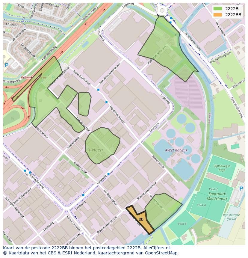 Afbeelding van het postcodegebied 2222 BB op de kaart.