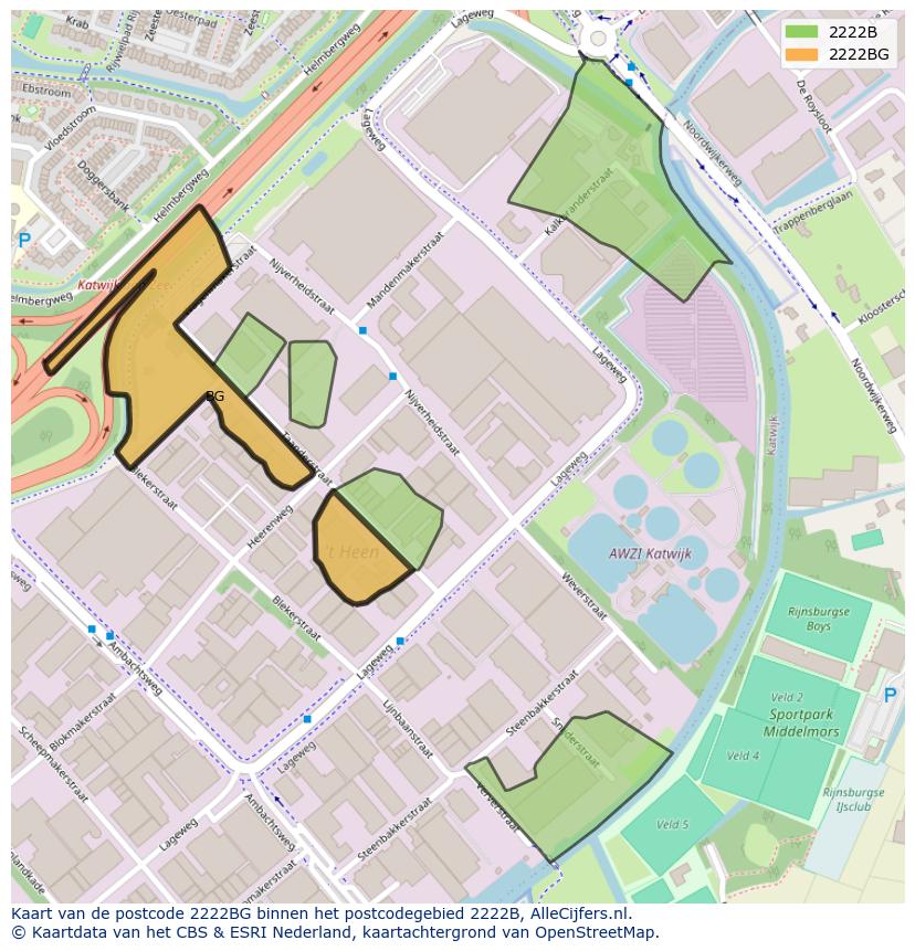 Afbeelding van het postcodegebied 2222 BG op de kaart.