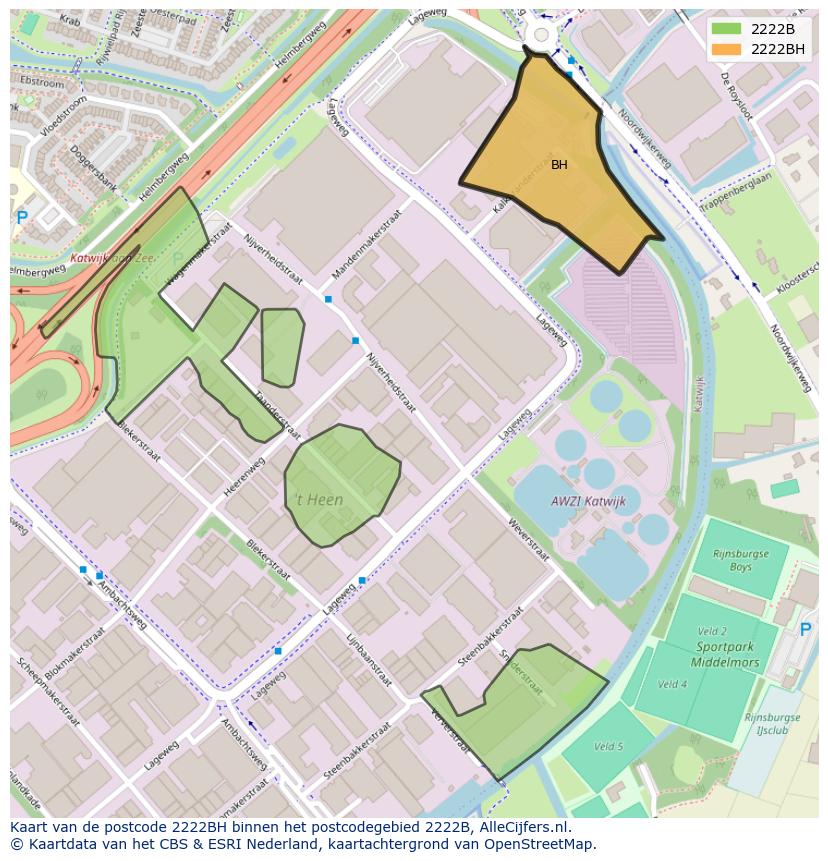 Afbeelding van het postcodegebied 2222 BH op de kaart.