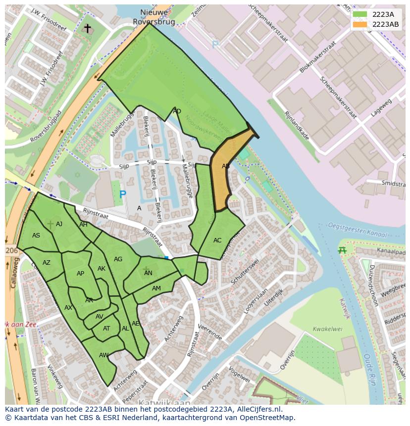 Afbeelding van het postcodegebied 2223 AB op de kaart.
