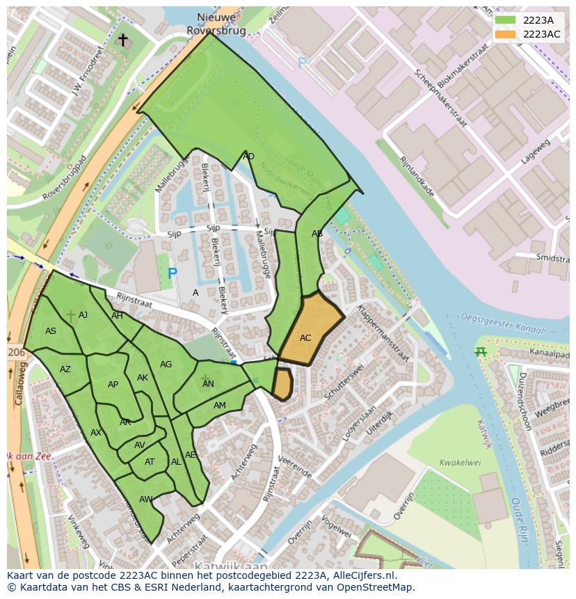 Afbeelding van het postcodegebied 2223 AC op de kaart.