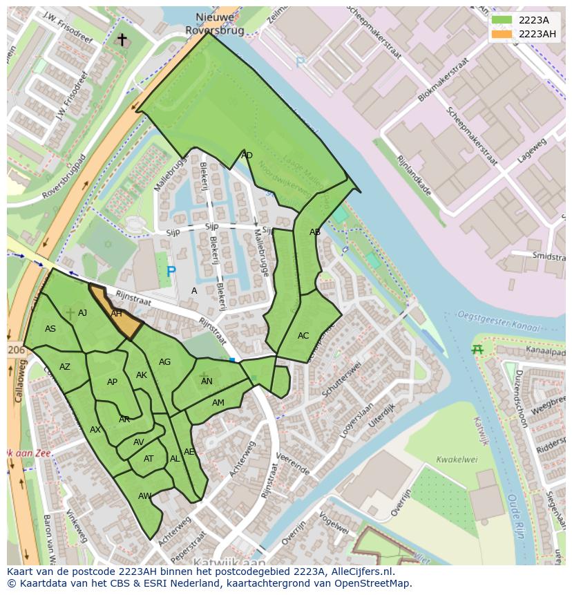 Afbeelding van het postcodegebied 2223 AH op de kaart.