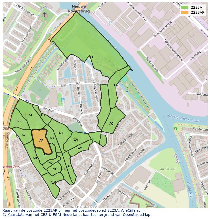 Afbeelding van het postcodegebied 2223 AP op de kaart.