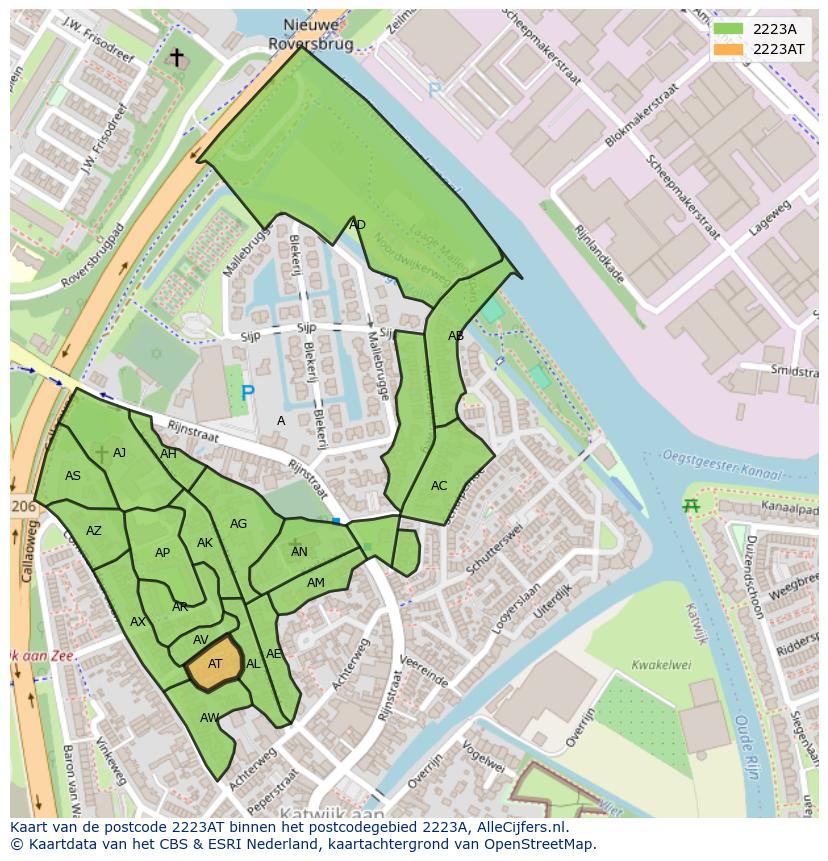 Afbeelding van het postcodegebied 2223 AT op de kaart.