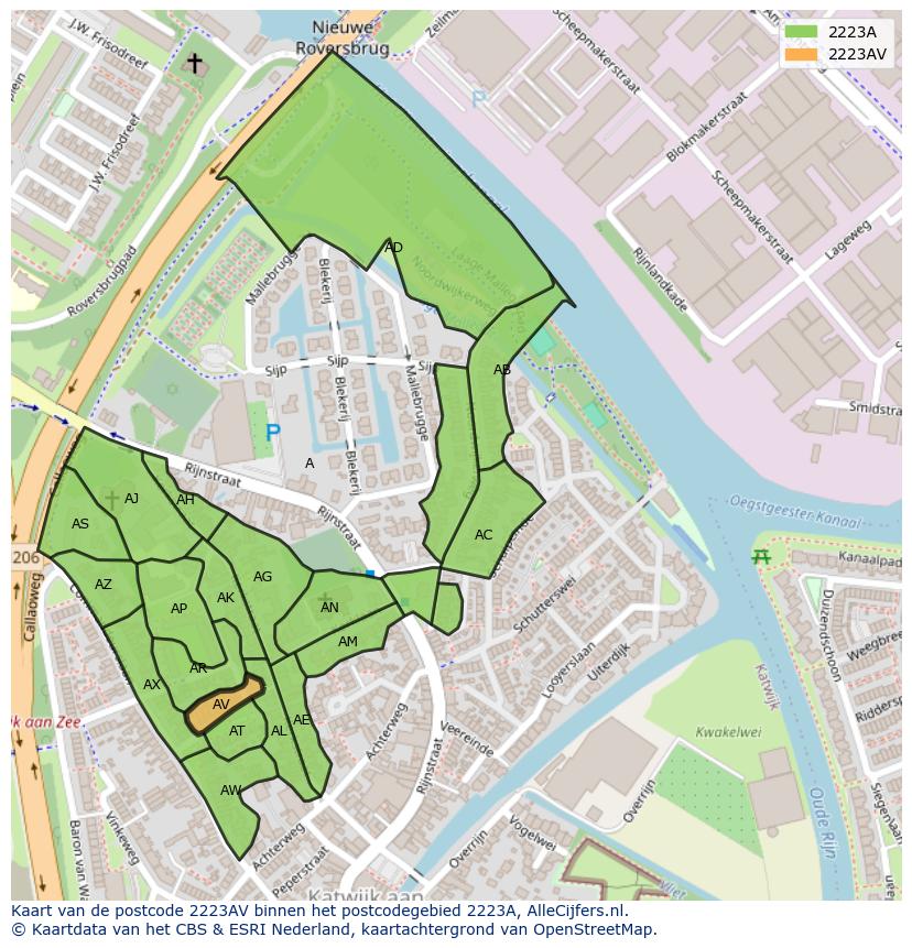 Afbeelding van het postcodegebied 2223 AV op de kaart.