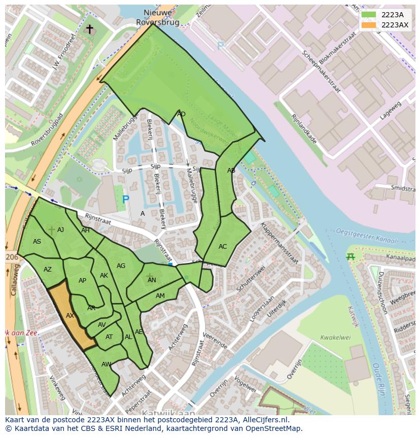 Afbeelding van het postcodegebied 2223 AX op de kaart.