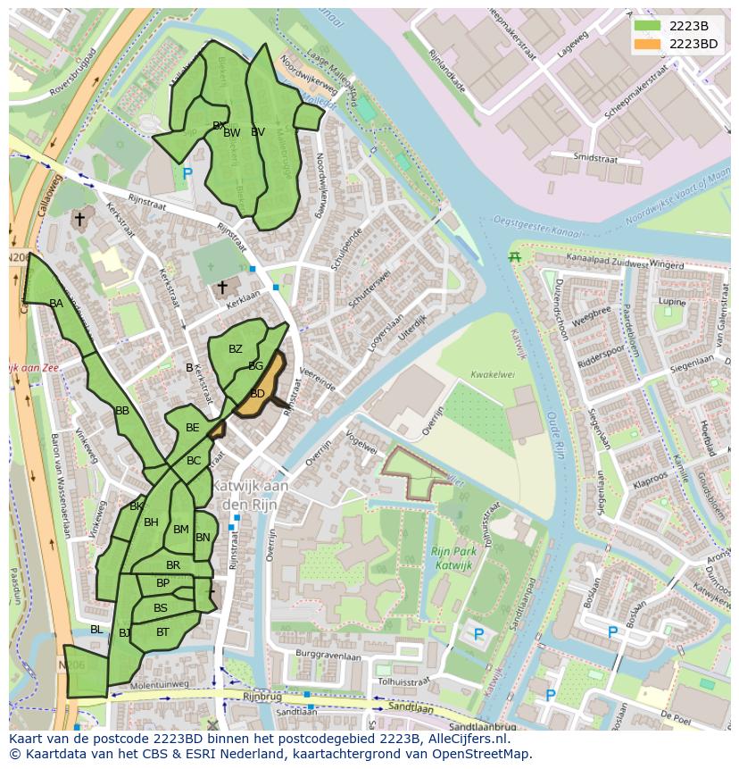Afbeelding van het postcodegebied 2223 BD op de kaart.