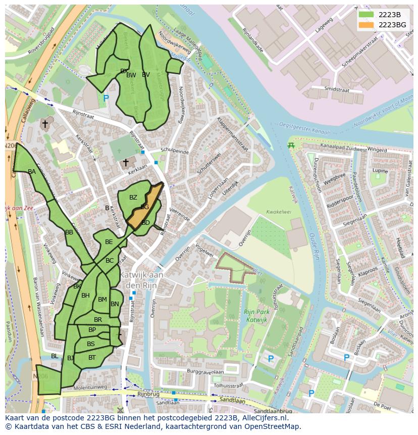 Afbeelding van het postcodegebied 2223 BG op de kaart.