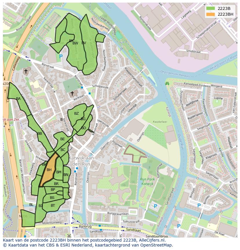 Afbeelding van het postcodegebied 2223 BH op de kaart.