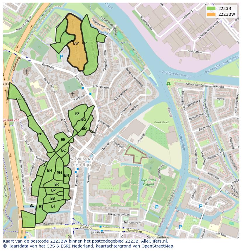 Afbeelding van het postcodegebied 2223 BW op de kaart.