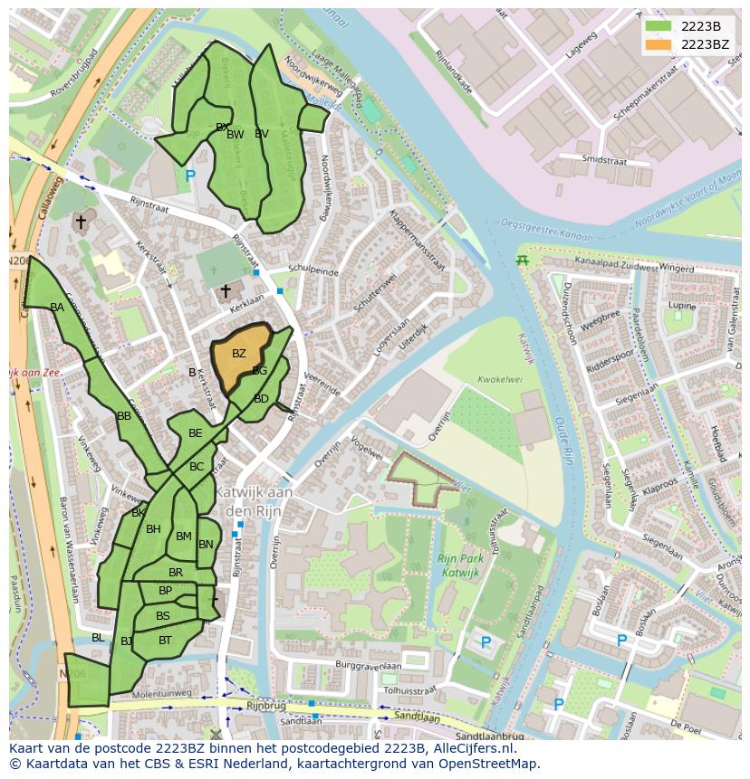Afbeelding van het postcodegebied 2223 BZ op de kaart.