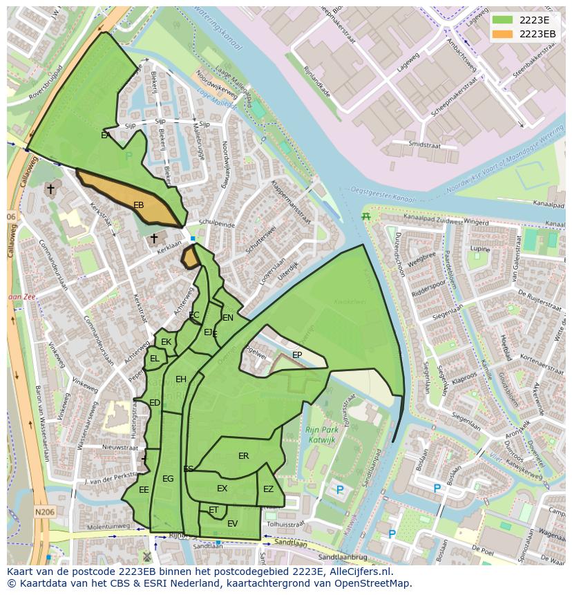 Afbeelding van het postcodegebied 2223 EB op de kaart.