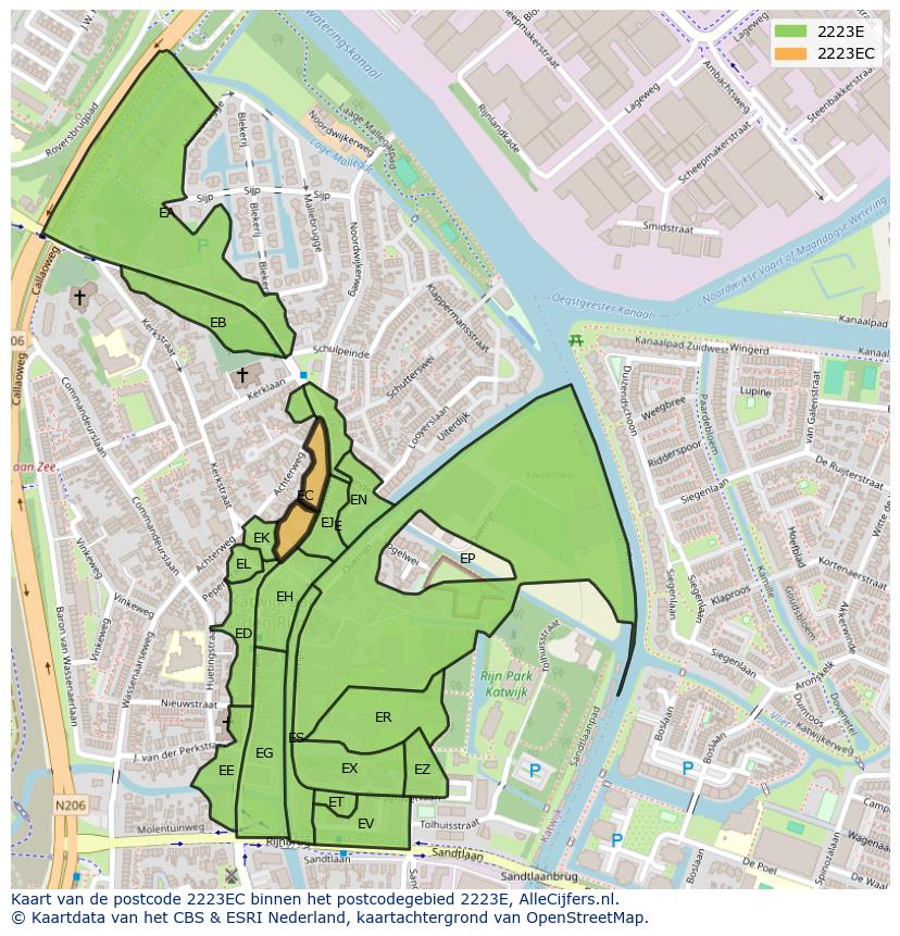 Afbeelding van het postcodegebied 2223 EC op de kaart.