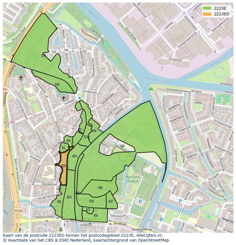 Afbeelding van het postcodegebied 2223 ED op de kaart.