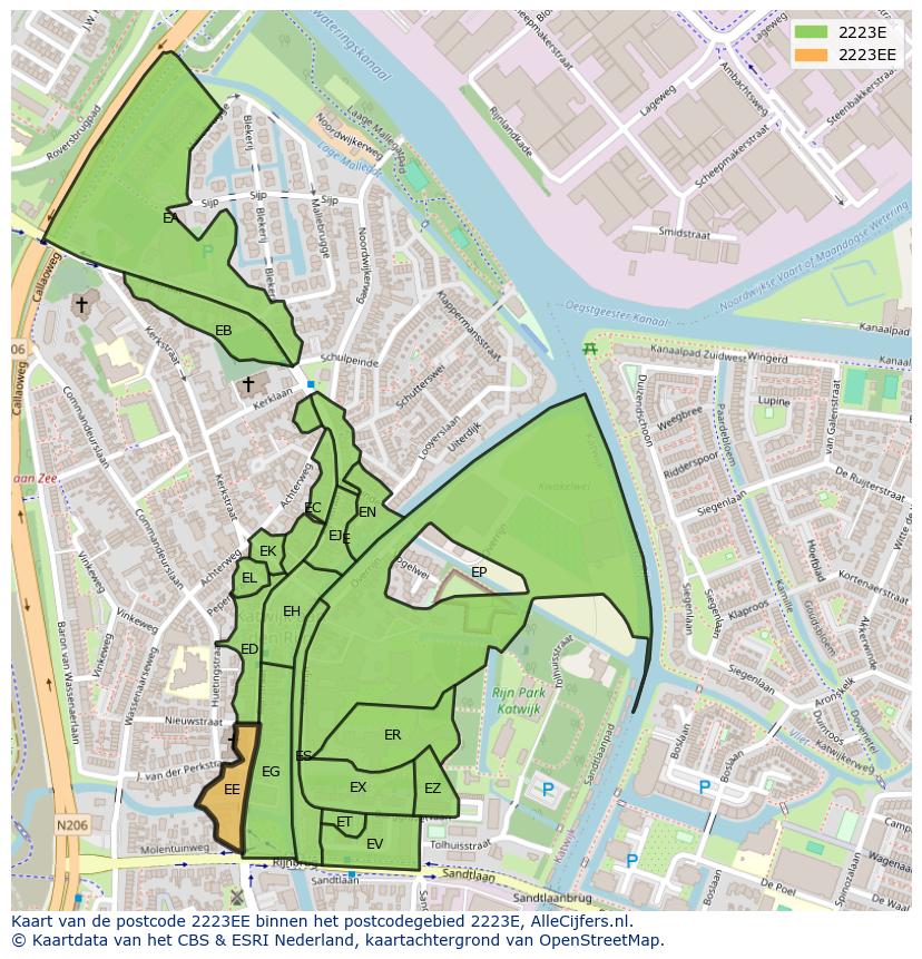 Afbeelding van het postcodegebied 2223 EE op de kaart.
