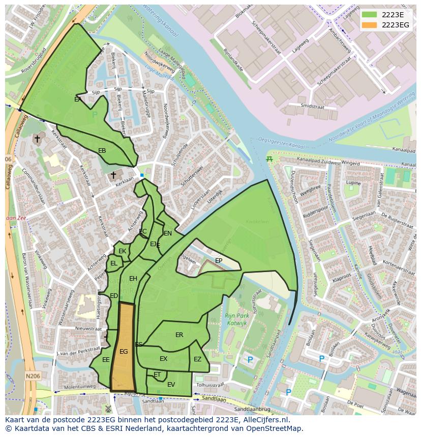 Afbeelding van het postcodegebied 2223 EG op de kaart.