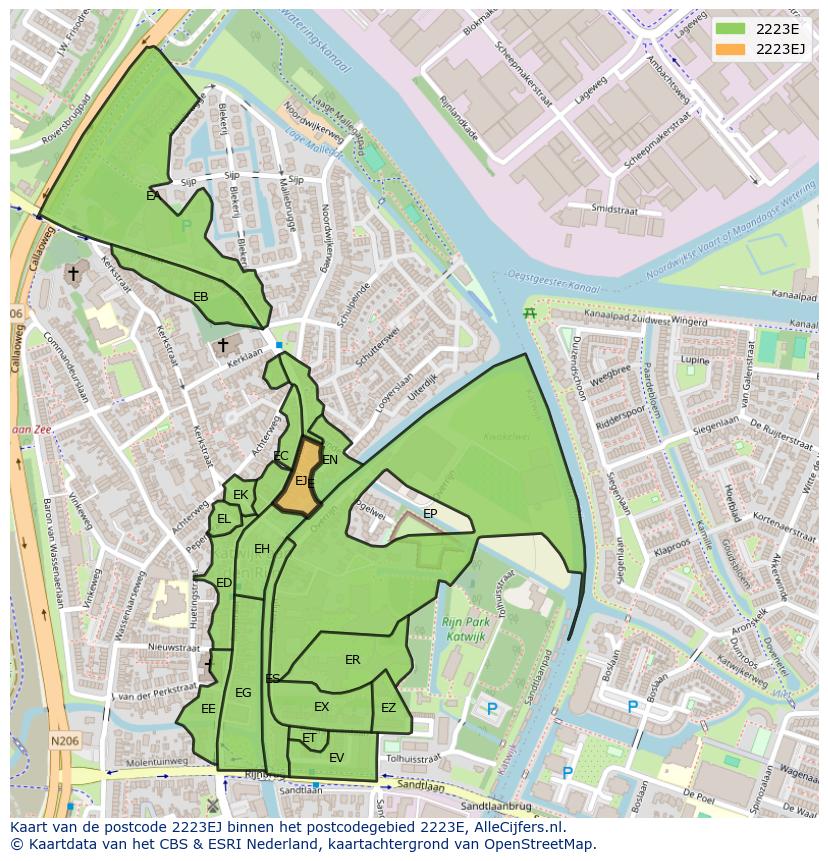 Afbeelding van het postcodegebied 2223 EJ op de kaart.