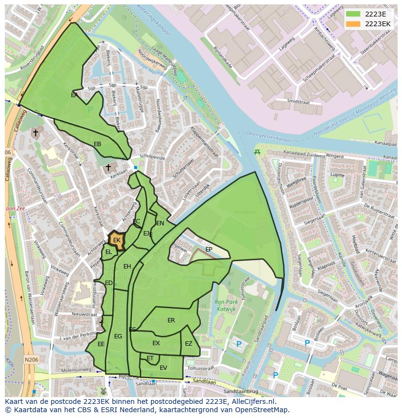 Afbeelding van het postcodegebied 2223 EK op de kaart.