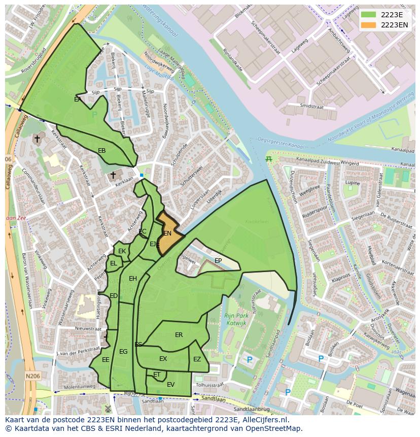 Afbeelding van het postcodegebied 2223 EN op de kaart.