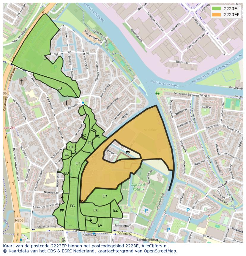 Afbeelding van het postcodegebied 2223 EP op de kaart.