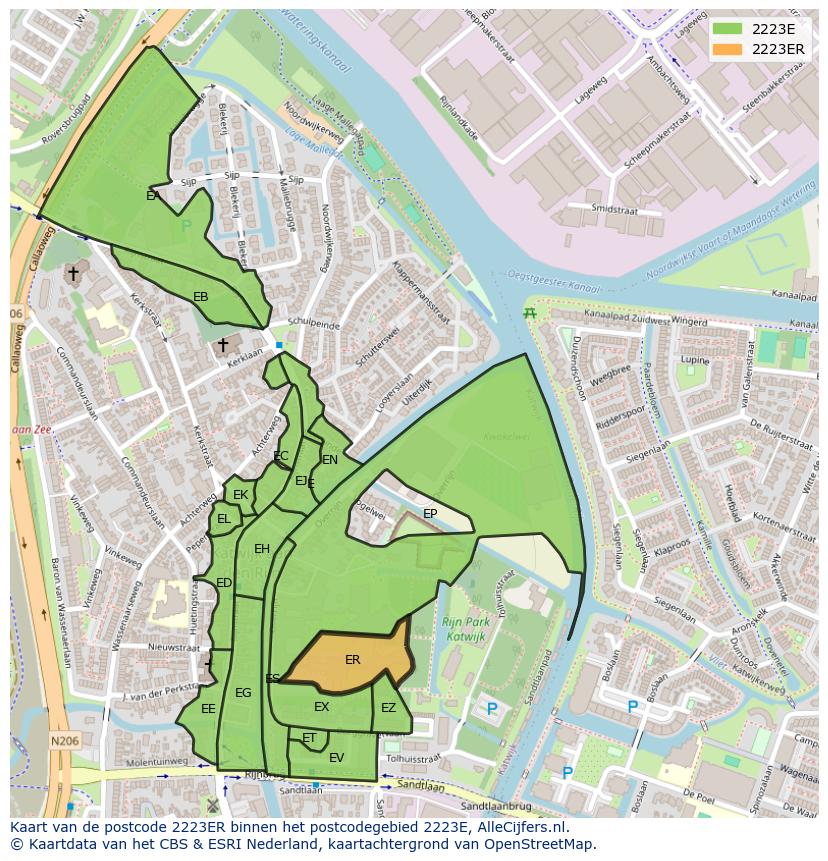 Afbeelding van het postcodegebied 2223 ER op de kaart.