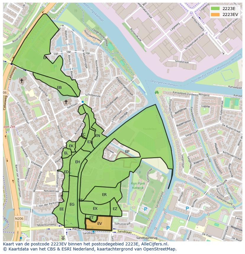Afbeelding van het postcodegebied 2223 EV op de kaart.