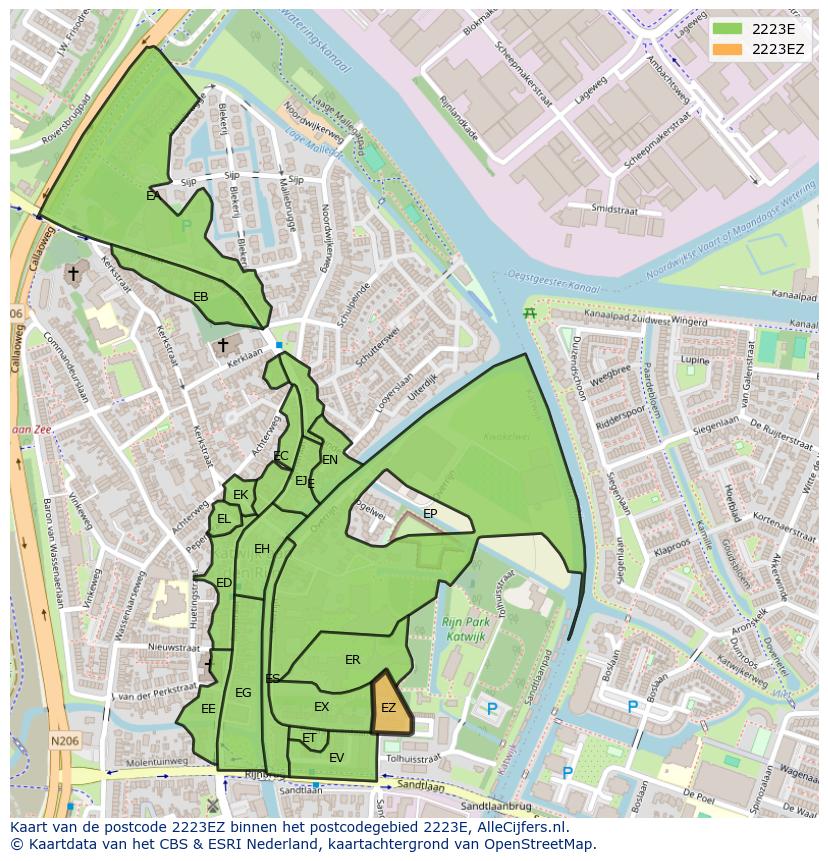 Afbeelding van het postcodegebied 2223 EZ op de kaart.