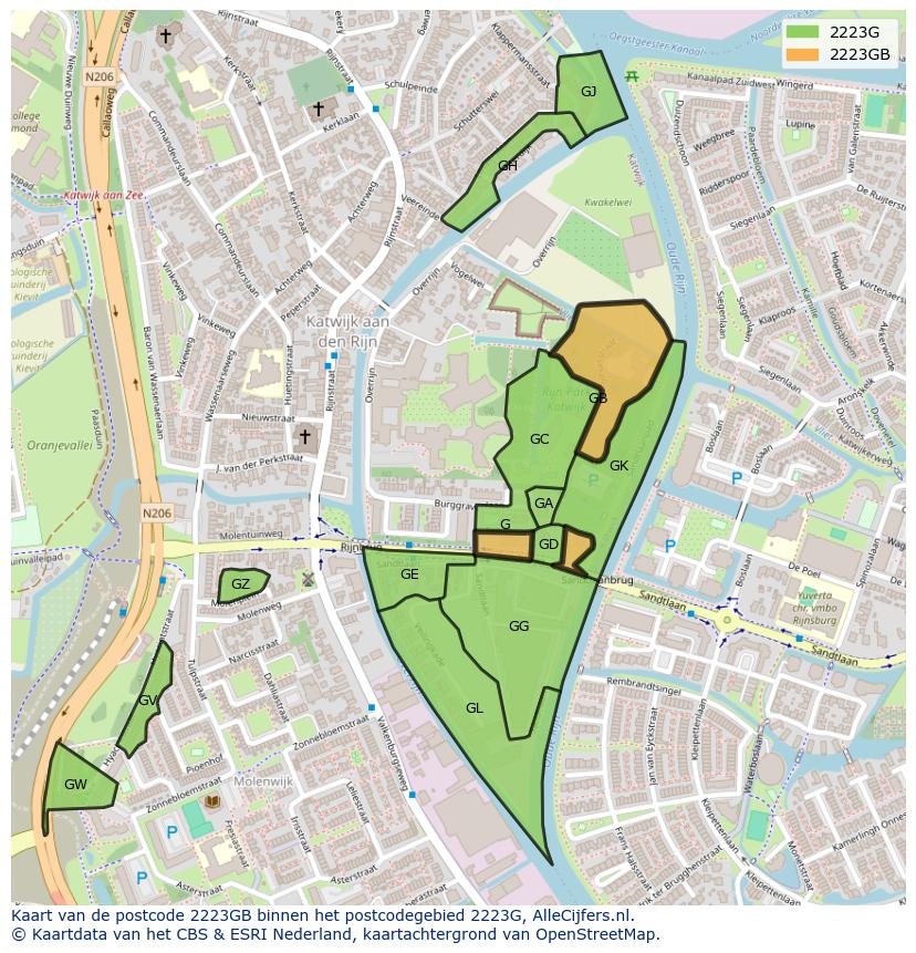 Afbeelding van het postcodegebied 2223 GB op de kaart.