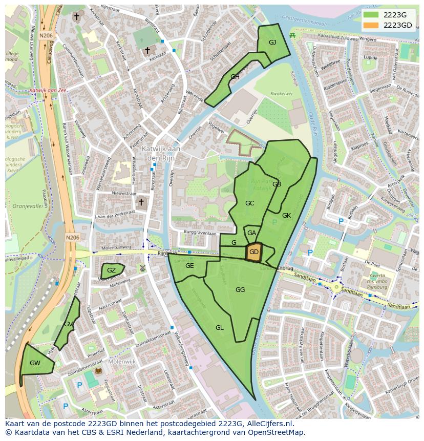 Afbeelding van het postcodegebied 2223 GD op de kaart.