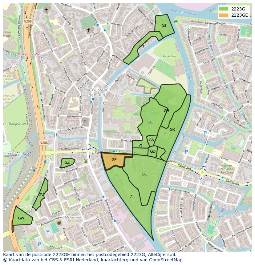 Afbeelding van het postcodegebied 2223 GE op de kaart.