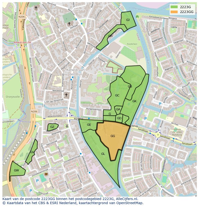 Afbeelding van het postcodegebied 2223 GG op de kaart.