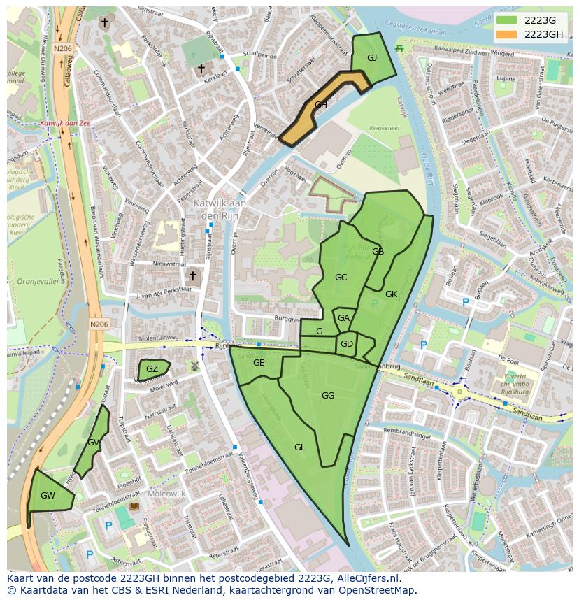 Afbeelding van het postcodegebied 2223 GH op de kaart.